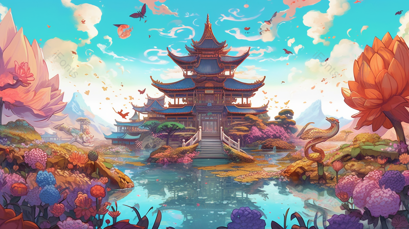 正面广角蓝色天空国潮古建筑湖景湖泊宫殿白云国风插画,插画/手绘图,插画/手绘图库,插画/手绘图下载,插画/手绘
